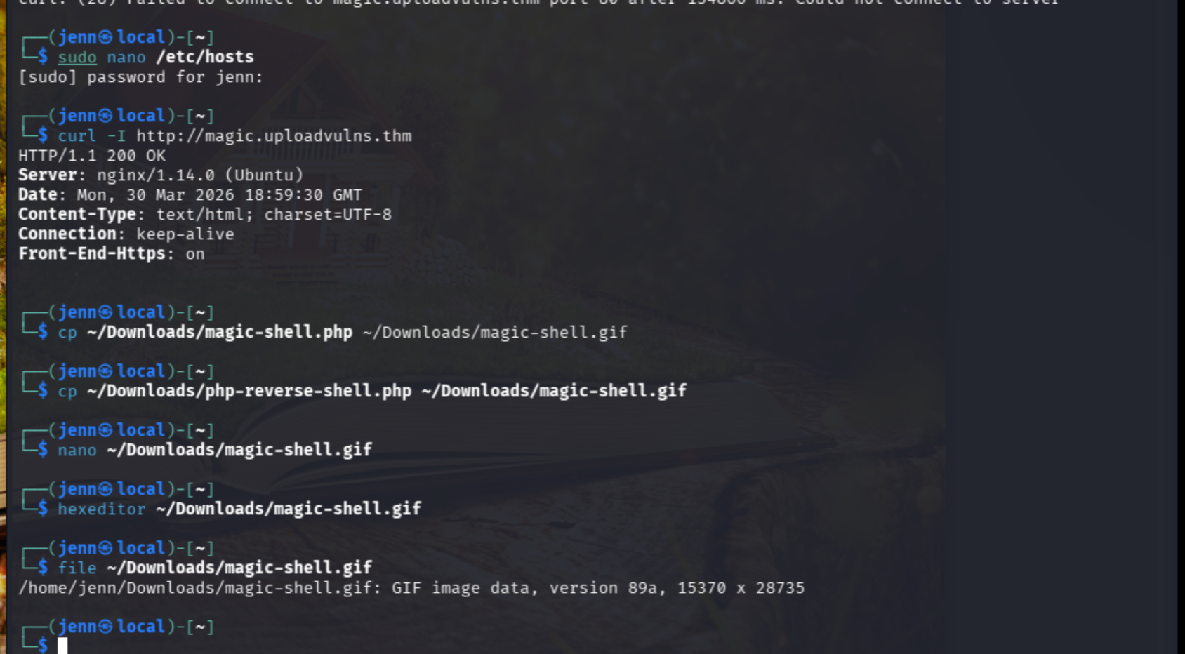 file command confirming payload identified as GIF image data